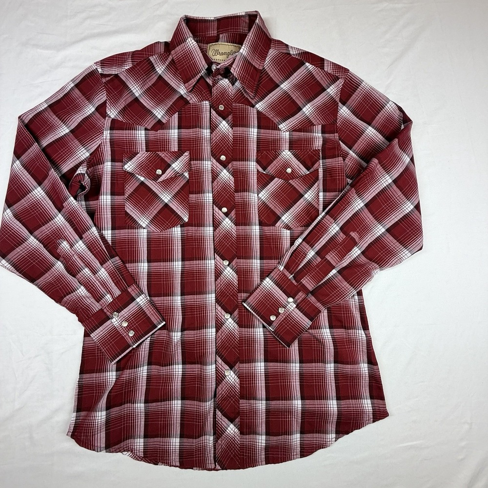 Wrangler Western Shirt Mens Medium Burgundy White Plaid Pearl Snap Long Sleeve